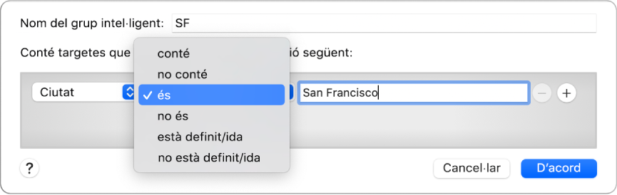 Finestra d’un grup intel·ligent que mostra un grup anomenat “BCN” i una condició amb tres criteris: “Ciutat” al primer camp; “és” que s’ha seleccionat d’un menú desplegable al segon camp; i “Barcelona” al tercer camp.