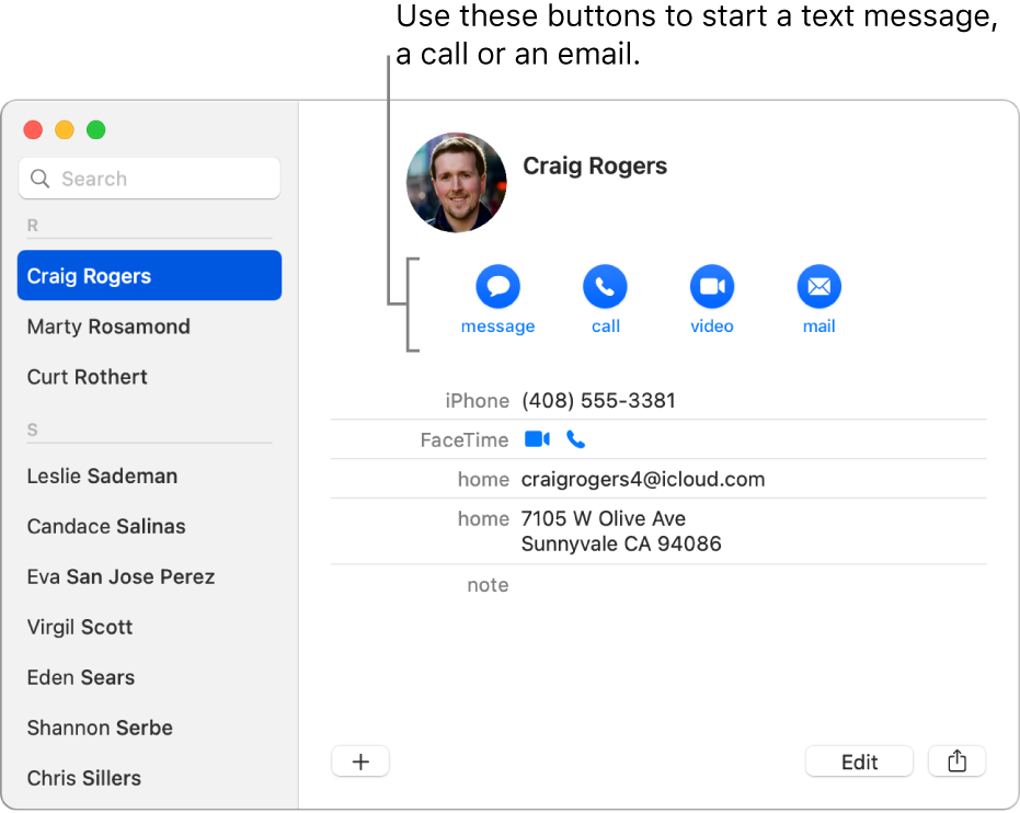 A contact card showing the buttons located below the contact’s name. You can use these buttons to start a text message, a phone, audio or video call, or an email.