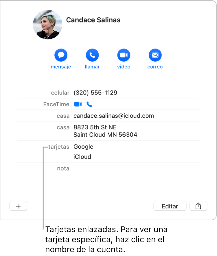 Una tarjeta enlazada con dos cuentas en la sección Tarjetas; para ver una cuenta específica, haz clic en su nombre.