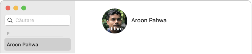 În fereastra Contacte, în stânga, un contact este selectat în lista de contacte. În dreapta se află poza de profil a contactului, pe care faceți clic pentru a o schimba.