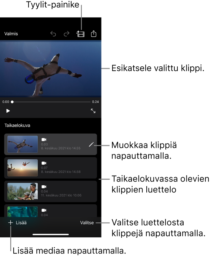 Avoin taikaelokuvaprojekti, jossa näkyy valittu klippi katseluikkunassa.