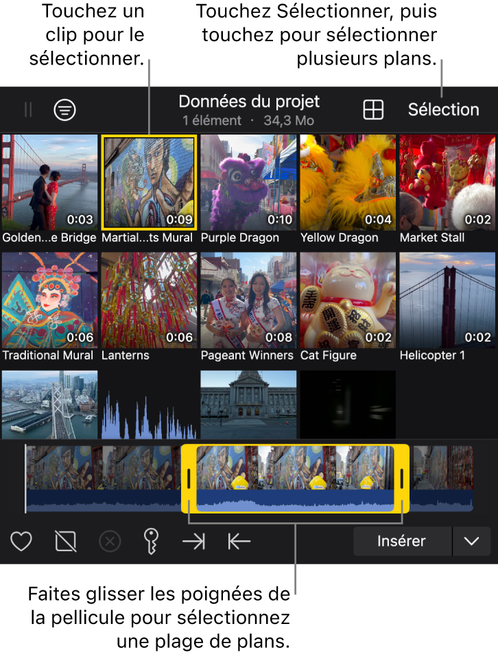 Le navigateur multimédia montrant un plan sélectionné, sa pellicule au bas avec une plage sélectionnée, et le bouton Sélectionner pour sélectionner plusieurs plans à la fois.