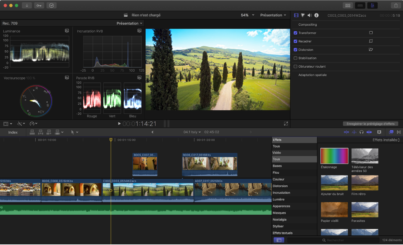 Fenêtre principale de Final Cut Pro montrant l’affichage d’instruments vidéo, le visualiseur, l’inspecteur, la timeline et le navigateur d’effets