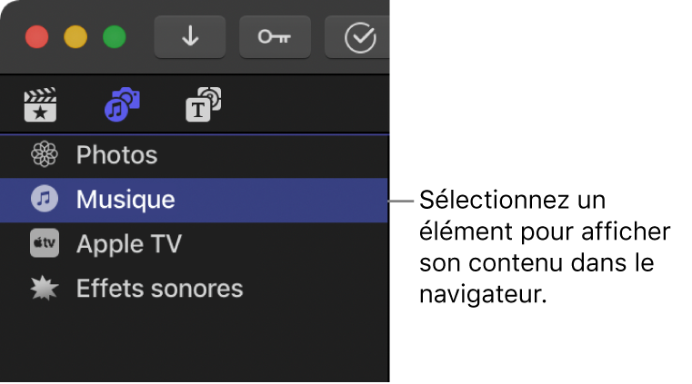 Barre latérale « Photos, vidéos et audio » avec GarageBand sélectionné