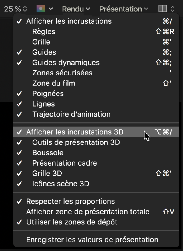 Sélection de l’option « Afficher les incrustations 3D » dans le menu Présentation du canevas