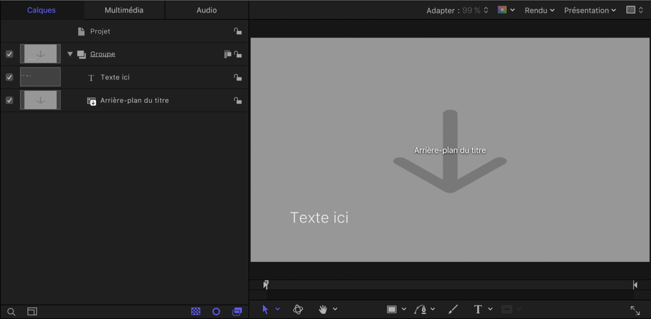 Nouveau projet de titre Final Cut affichant la liste Calques et le canevas