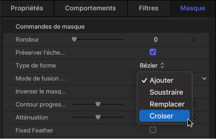 Fenêtre Masque affichant le menu local « Mode Masque de fusion »