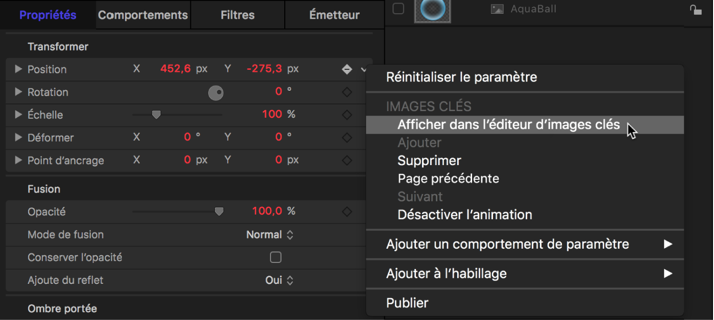 Inspecteur affichant la commande « Afficher dans l’éditeur d’images clés » dans le menu Animation