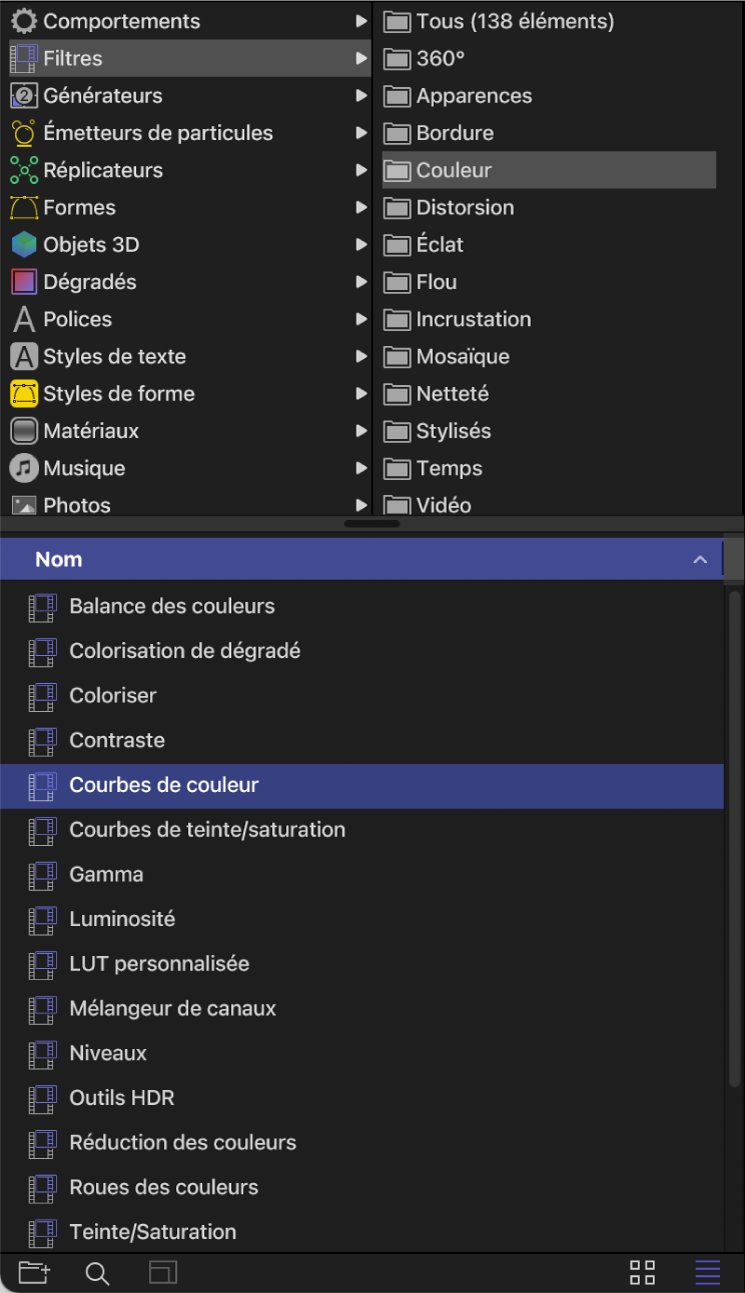 Catégorie de couleur sélectionnée dans la bibliothèque des filtres