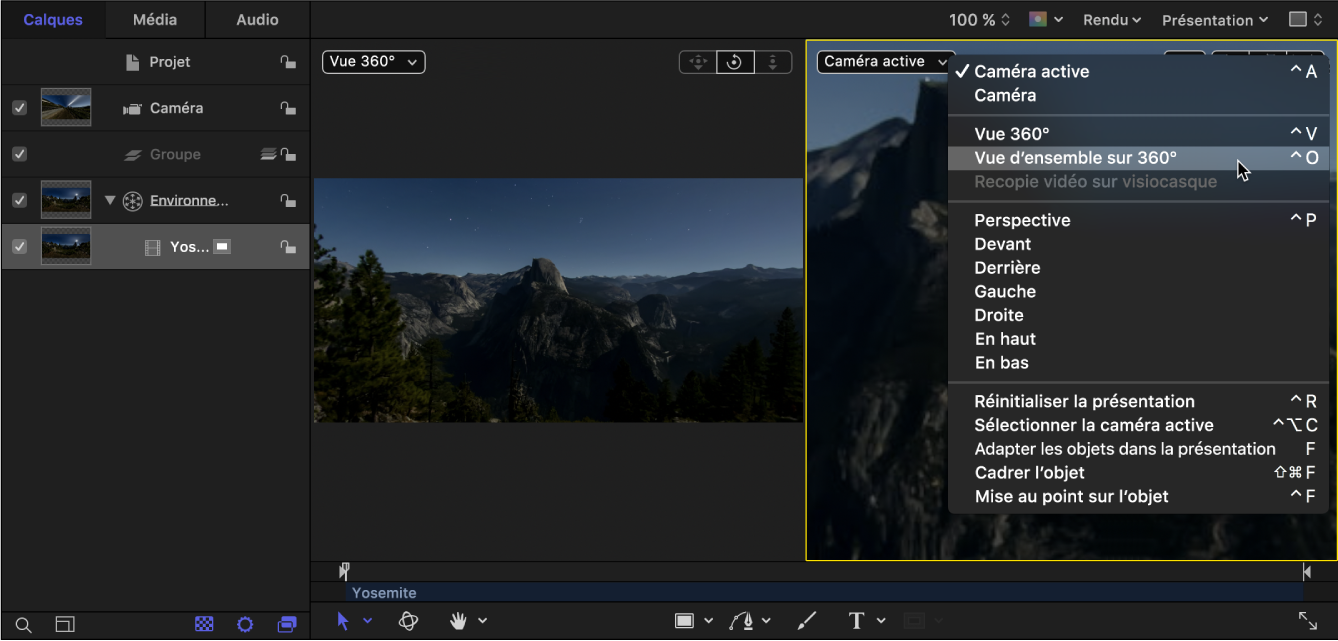 Sélection de l’option « Vue d’ensemble sur 360° » dans le menu local Caméra dans le canevas