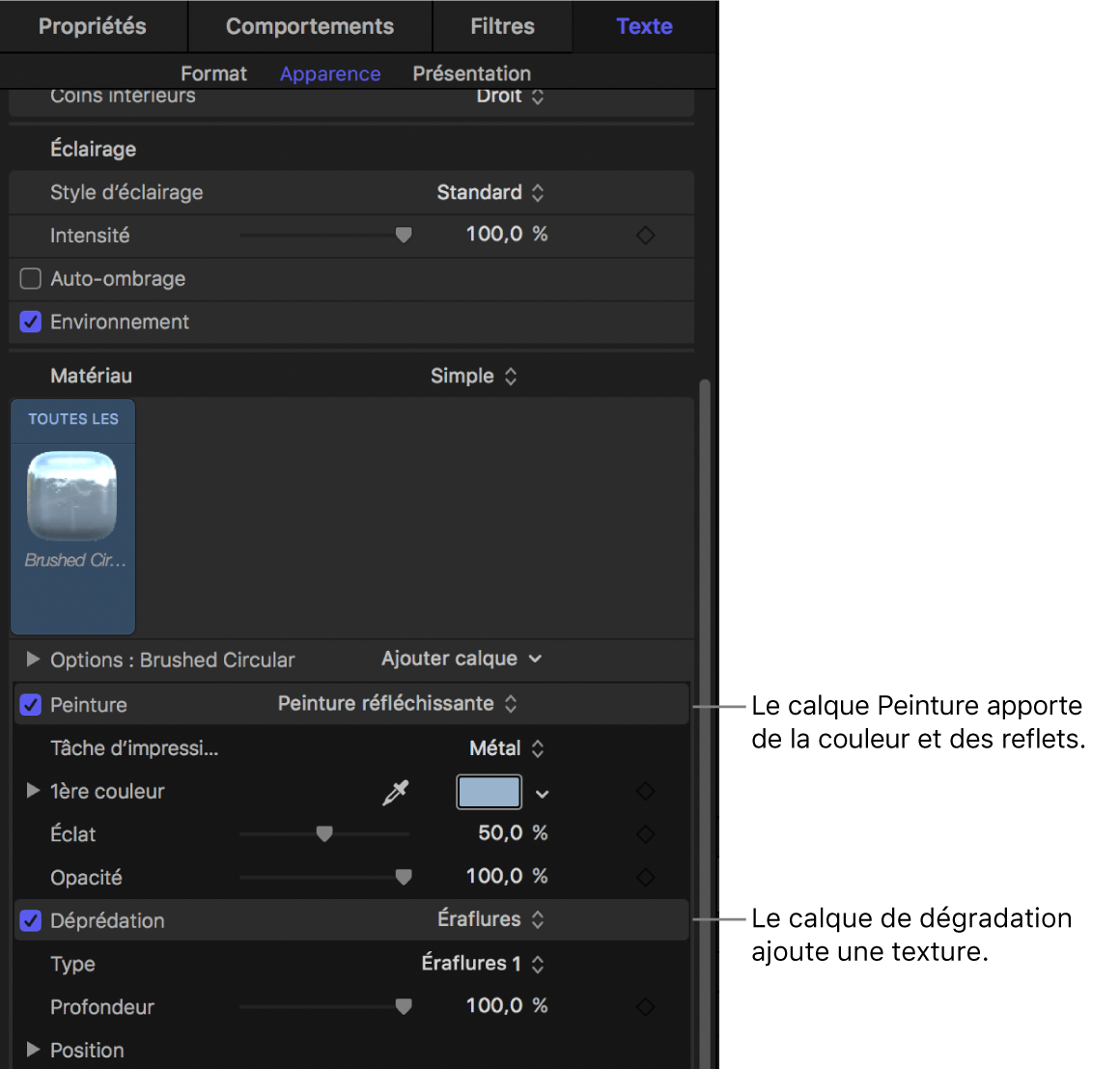 Inspecteur de texte 3D affichant des calques de matériau