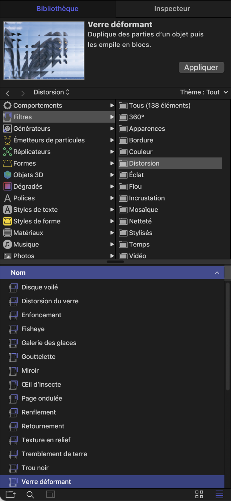 Bibliothèque affichant les catégories de filtres
