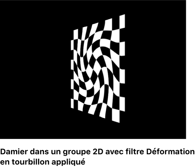 Canevas affichant un damier dans un groupe 2D auquel un filtre Déformation en tourbillon est appliqué