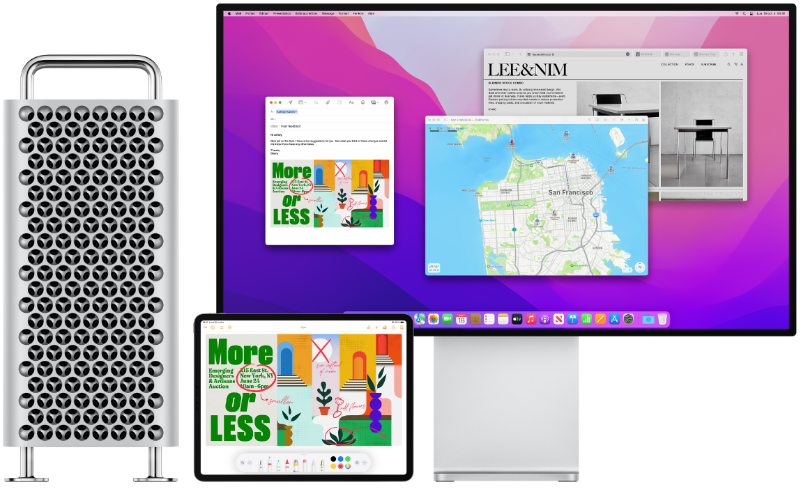 Un Mac Pro et un iPad sont présentés l’un à côté de l’autre. L’écran de l’iPad présente un prospectus avec des annotations. Le moniteur utilisé par le Mac Pro affiche un message Mail, avec comme pièce jointe le prospectus annoté de l’iPad.
