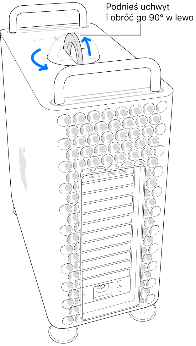 Pokazany jest pierwszy krok zdejmowania obudowy komputera, przez uniesienie uchwytu i obrócenie go o 90 stopni.