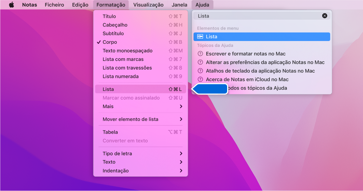 O menu Ajuda a mostrar uma pesquisa por “lista” com “Lista” realçado no menu Formatação.