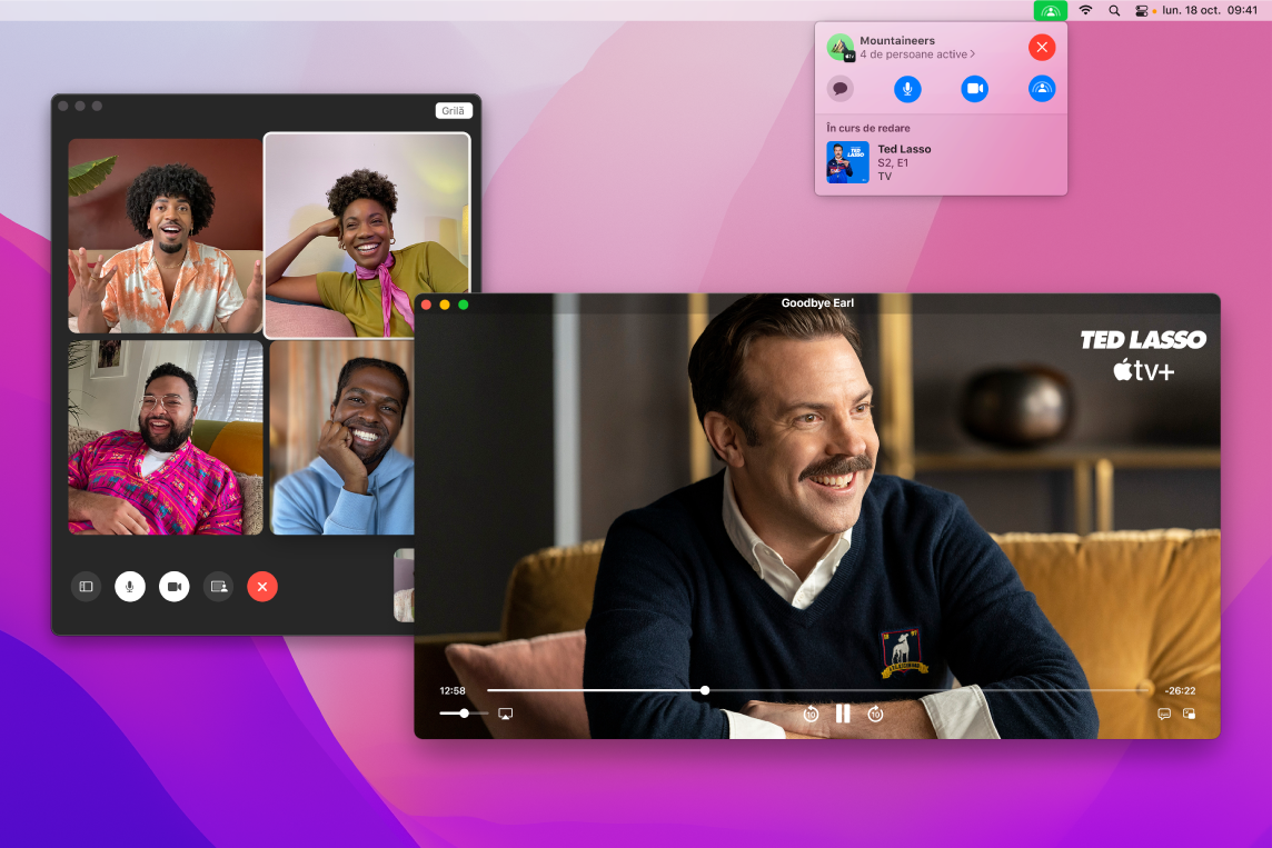 O petrecere partajată de vizionare cu un episod din serialul „Ted Lasso” în fereastra aplicației Apple TV și spectatorii în fereastra FaceTime.