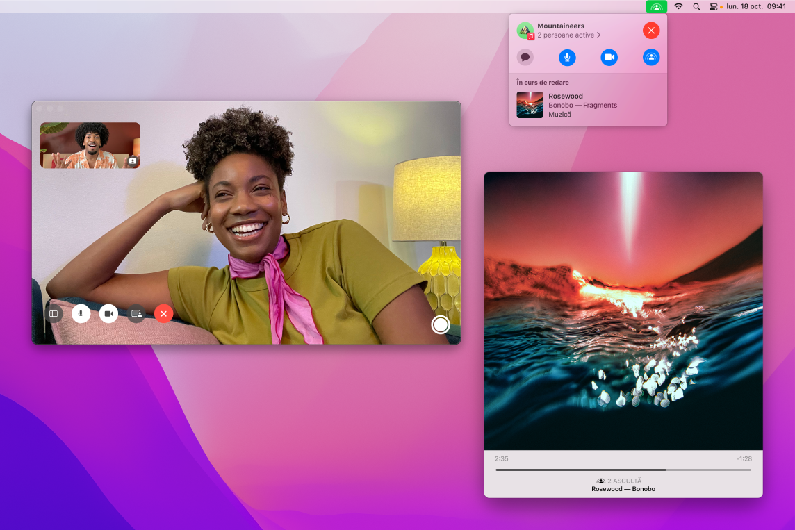 O experiență de ascultare partajată, cu ascultătorii în fereastra FaceTime și o fereastră a aplicației Muzică redând o melodie.