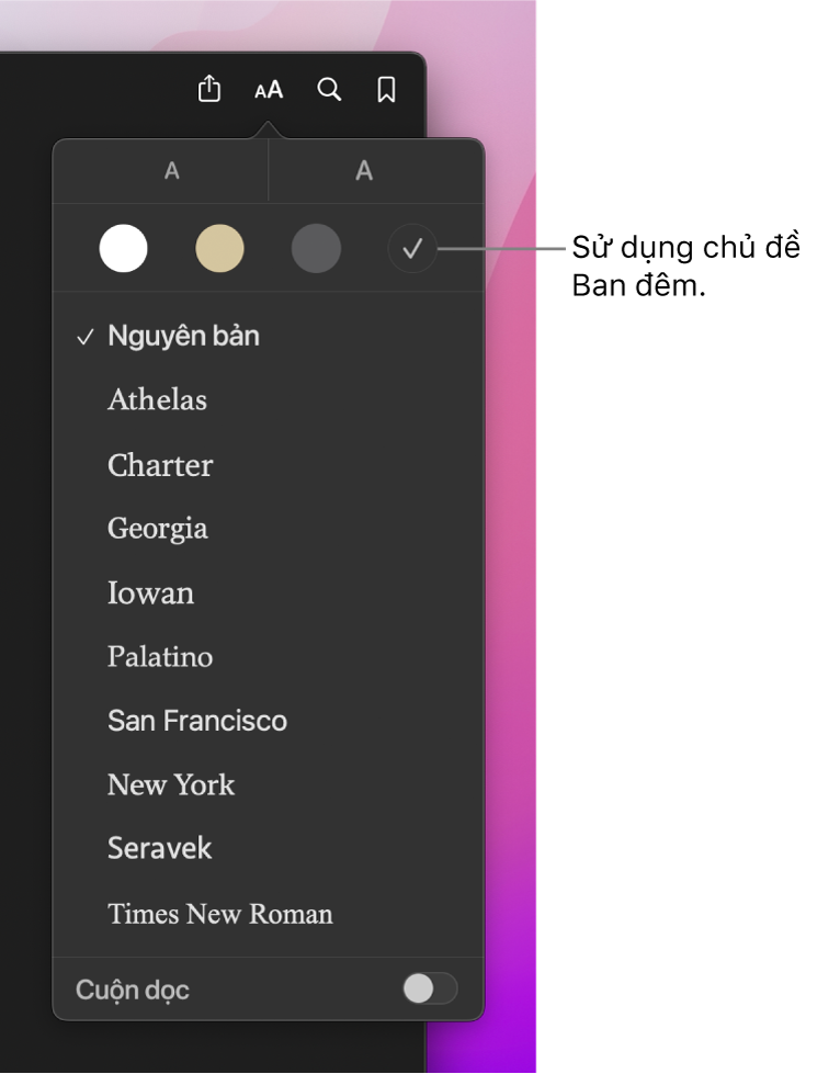 Một cửa sổ Sách đang hiển thị menu Giao diện.