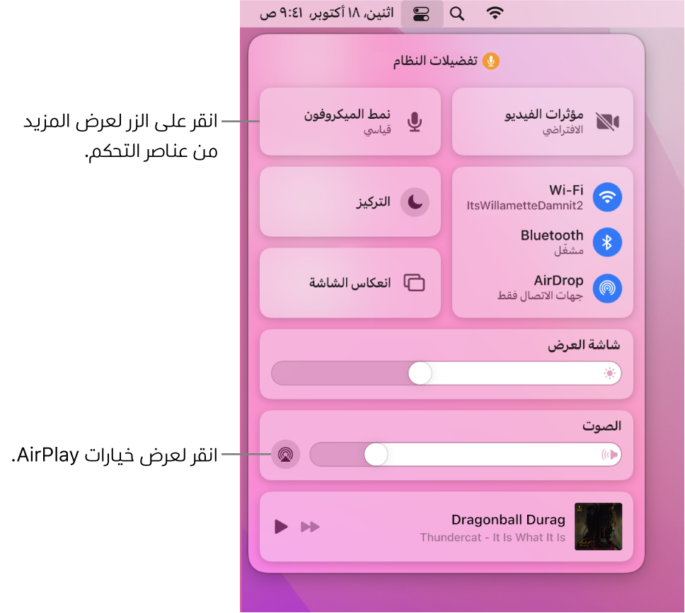 عرض مُكبَّر لمركز التحكم على الـ Mac.