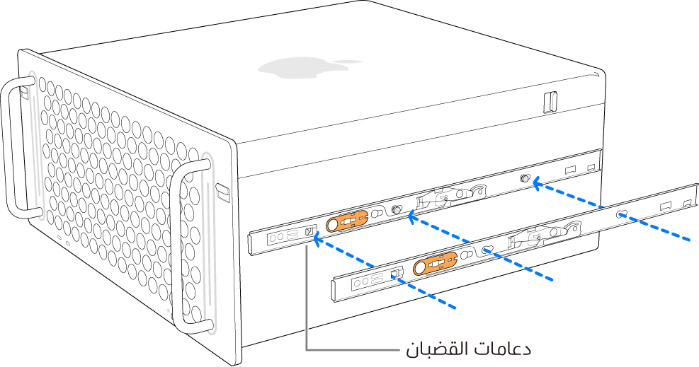 كمبيوتر Mac Pro ويتم ربط قضيب داخلي بجانبه.