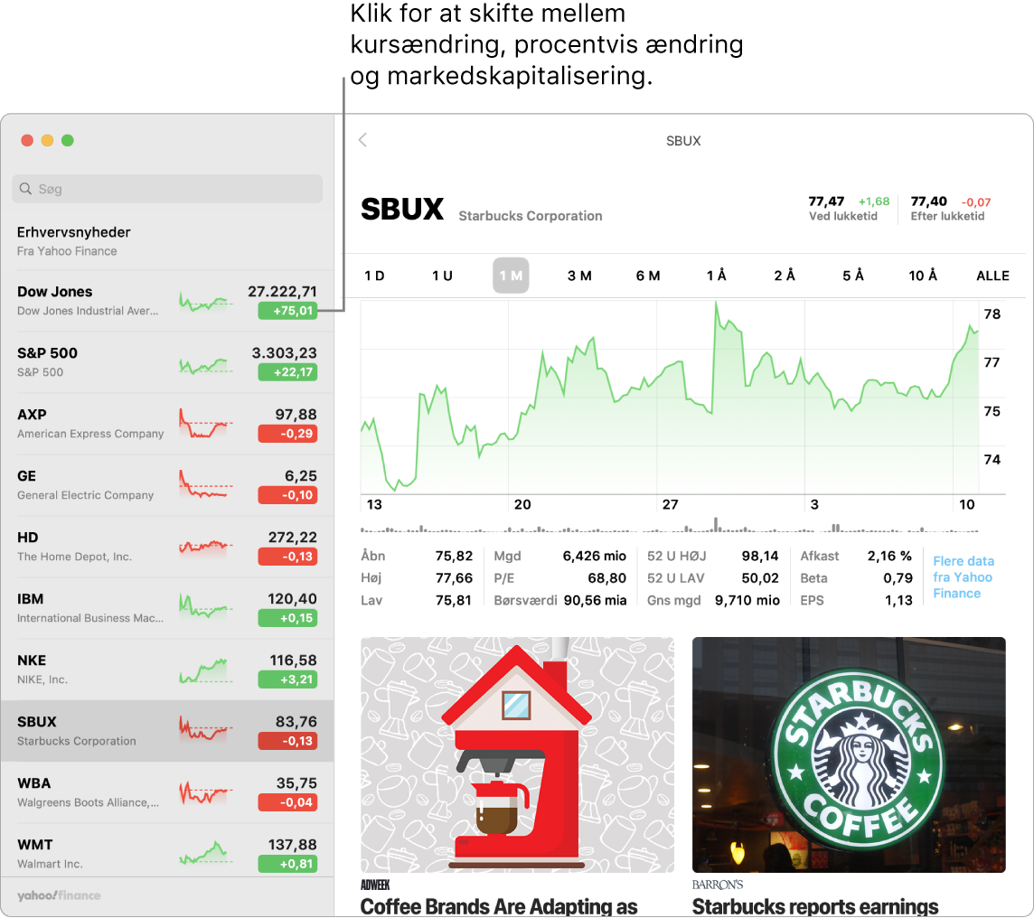 En skærm i Værdipapirer, der viser oplysninger og historier om det valgte værdipapir.