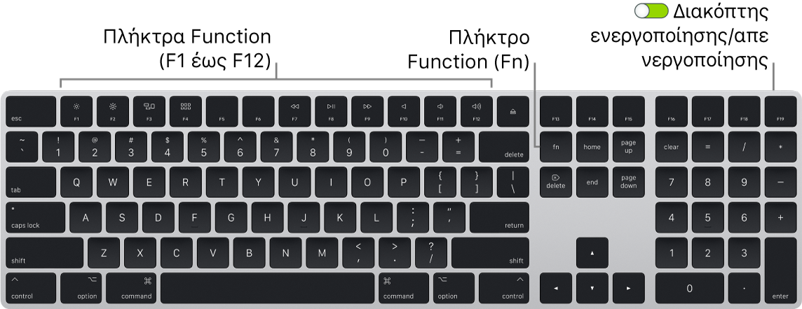 Το πληκτρολόγιο Magic Keyboard στο οποίο φαίνεται το πλήκτρο Function (Fn) στην κάτω αριστερή γωνία και ο διακόπτης ενεργοποίησης/απενεργοποίησης στην επάνω δεξιά γωνία του πληκτρολογίου.