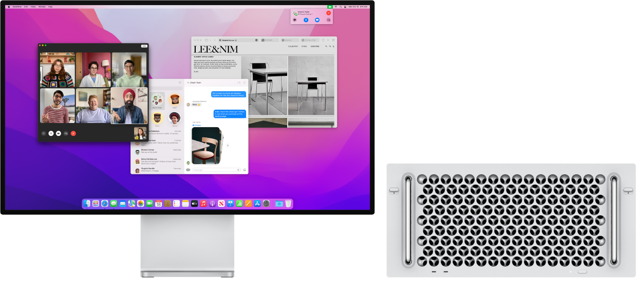 A Mac Pro connected to a Pro Display XDR, with the desktop showing Control Center and several open apps.