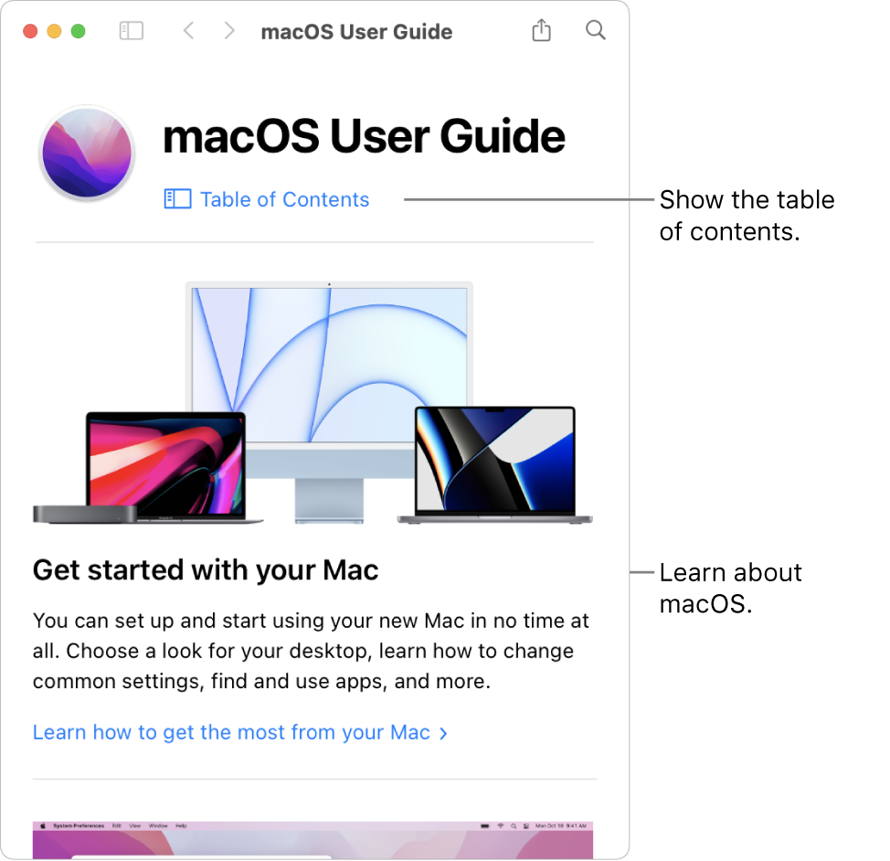 The macOS User Guide welcome page showing the Table of Contents link.