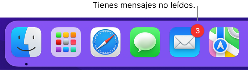 Una parte del Dock mostrando el ícono de la app Mail con un indicador que muestra la cantidad de mensajes no leídos.