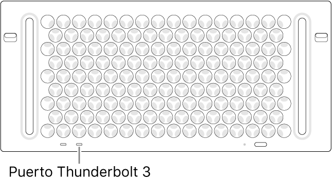 La parte superior de un Mac Pro, en la que se señala el puerto Thunderbolt 3 correcto a usar.