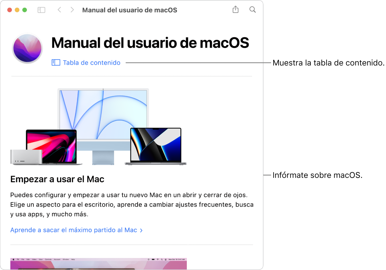 Página de bienvenida del Manual de uso de macOS con el enlace de la tabla de contenido.