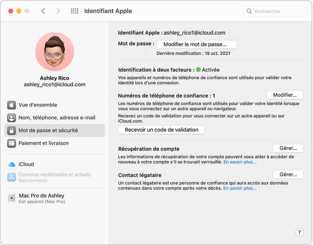 La section « Mot de passe et sécurité » de l’identifiant Apple dans Préférences Système. Cliquez sur gérer pour configurer la récupération de compte.