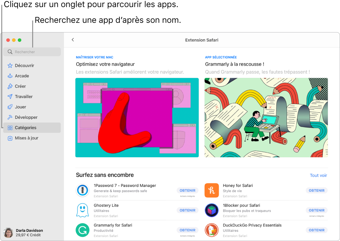 La fenêtre de l’App Store affichant le champ de recherche et une page d’extensions Safari.