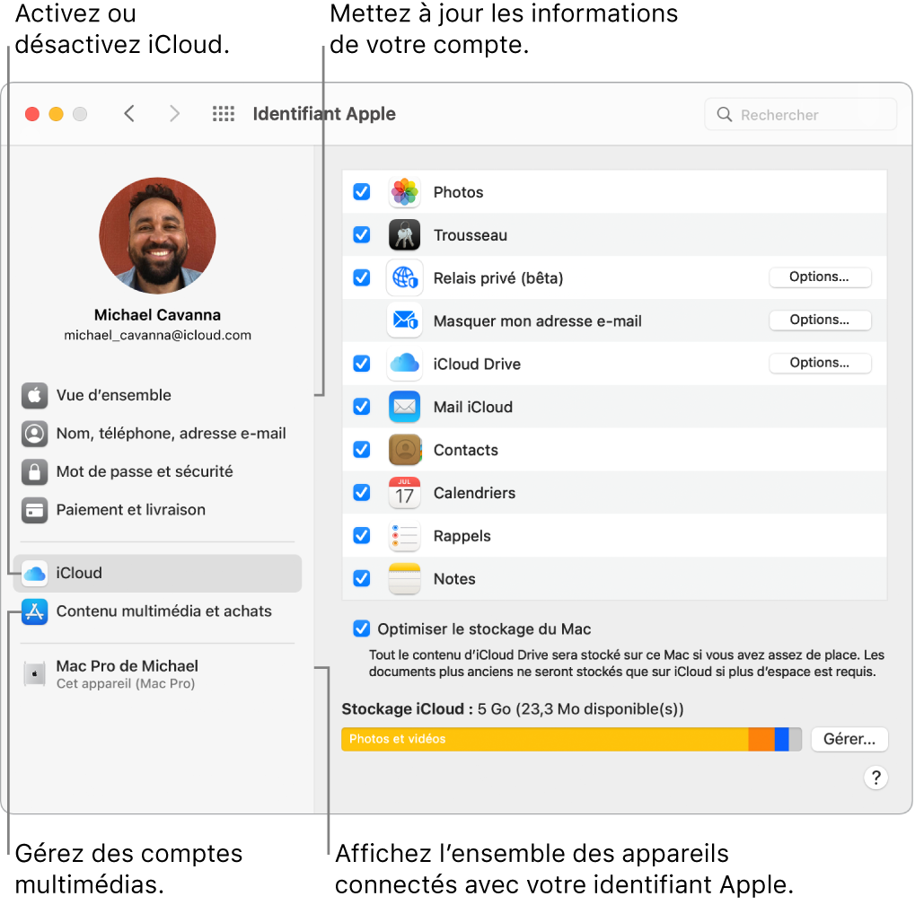 La sous-fenêtre « Identifiant Apple » de « Préférences Système ». Cliquez sur un élément de la barre latérale pour mettre à jour les données de votre compte, activer ou désactiver iCloud, gérer les comptes multimédias et voir tous les appareils connectés avec votre identifiant Apple.