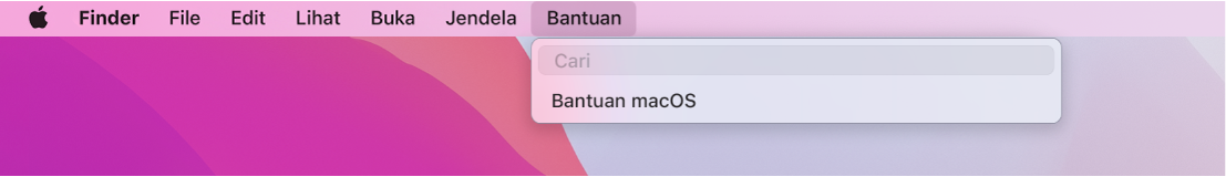Desktop terpisah dengan menu Bantuan terbuka, menampilkan pilihan menu untuk Pencarian dan Bantuan macOS.