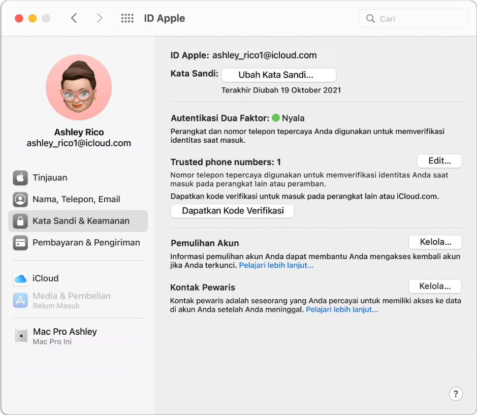Bagian Kata Sandi dan Keamanan dari ID Apple di Preferensi Sistem. Klik kelola untuk mengatur Pemulihan Akun.