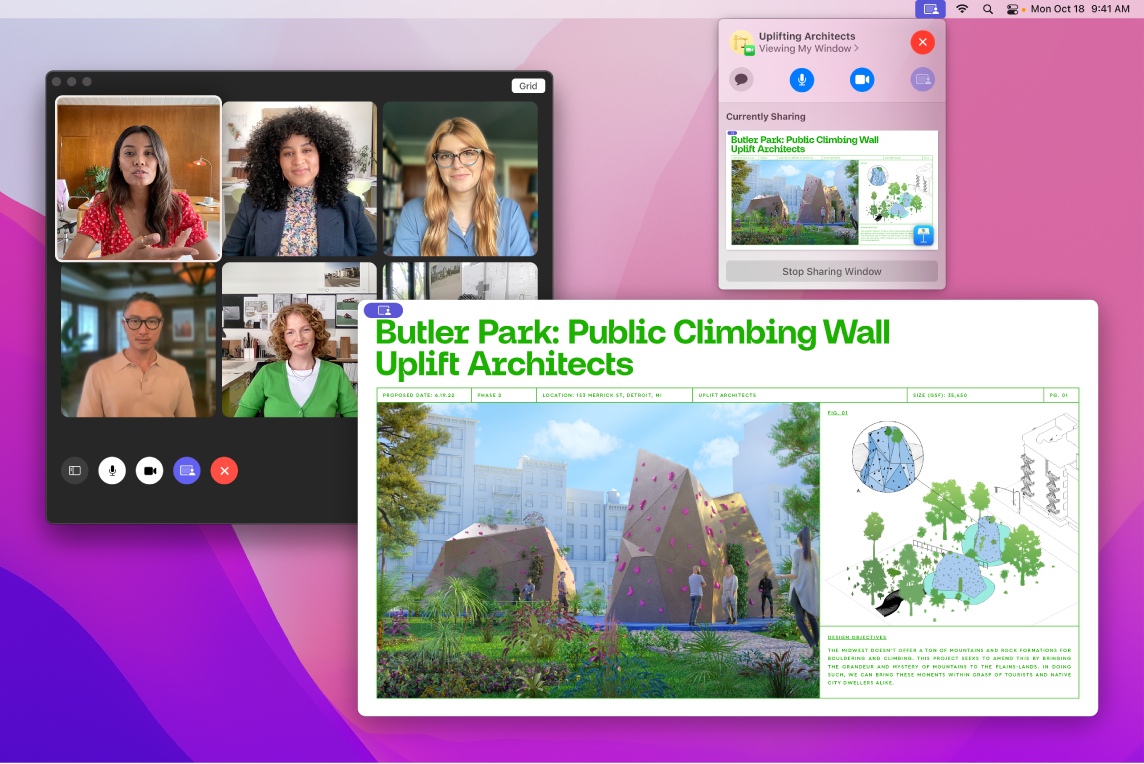 Lietotņu koplietošanas pieredze ar FaceTime dalībnieku grupu, atvērts lietotnes Keynote logs, ko viņi skatās, un mazāks logs ar SharePlay vadīklām.