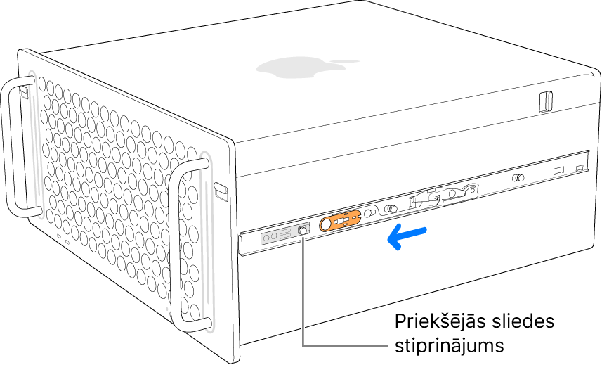 Mac Pro dators ar sliedi tiek slidināts uz priekšu un fiksējas vietā.