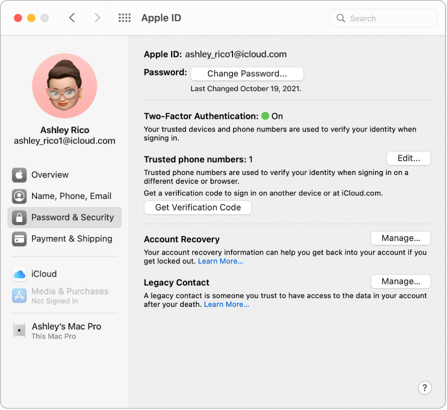 Apple ID konta sadaļas Password un Security izvēlnē System Preferences. Noklikšķiniet uz Manage, lai iestatītu opciju Account Recovery.
