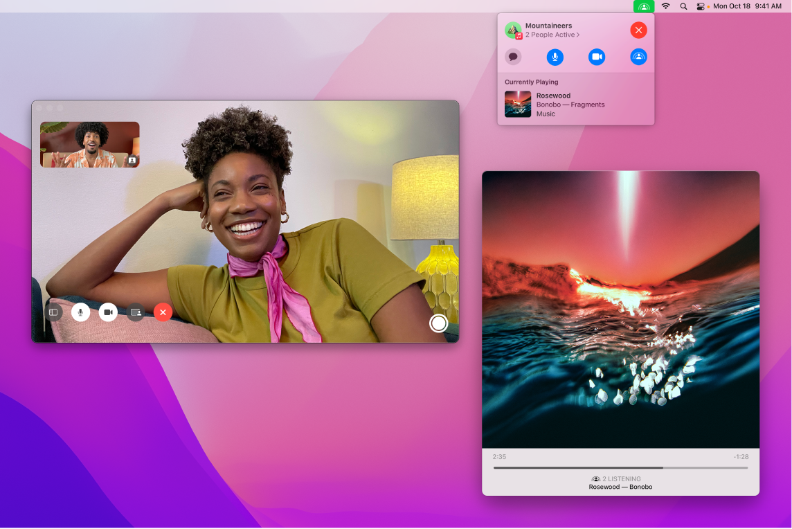 Kopīga klausīšanās pieredze ar klausītājiem FaceTime logā un lietotnes Music logā, atskaņojot dziesmu.