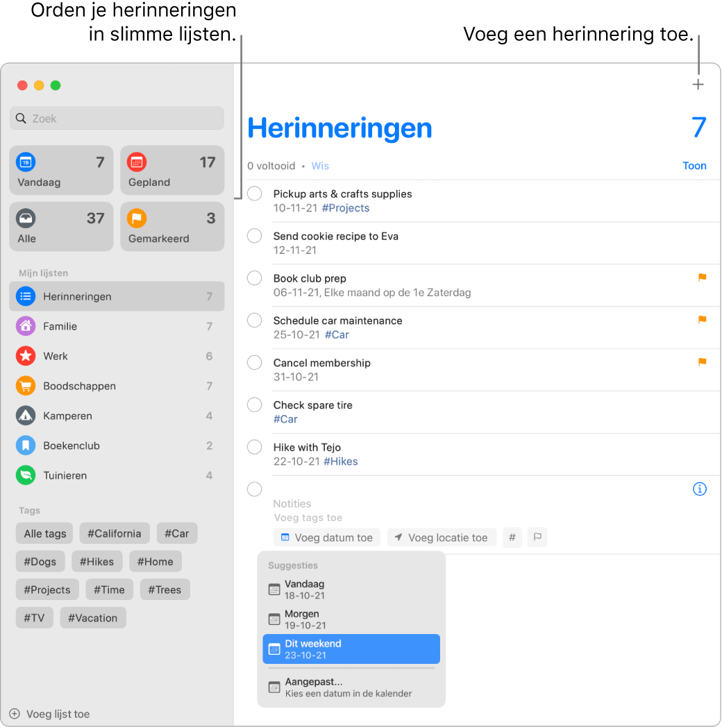 Een Herinneringen-venster met slimme lijsten aan de linkerkant en daaronder andere herinneringen en lijsten. In het Suggesties-menu staat een klein venster met suggesties voor 'Vandaag', 'Morgen', 'Dit weekend' en 'Aangepast'.