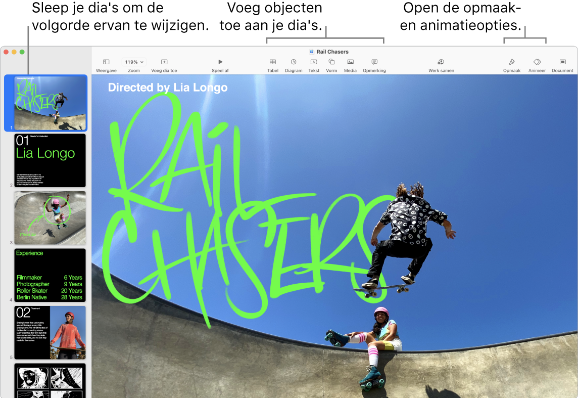 Een Keynote-venster met de navigator aan de linkerkant en informatie over hoe je dia's anders rangschikt. Bovenin bevindt zich de knoppenbalk met bewerkingsfuncties, rechtsbovenin staat de knop 'Werk samen' en rechts staan de knoppen 'Opmaak', 'Animatie' en 'Document'.