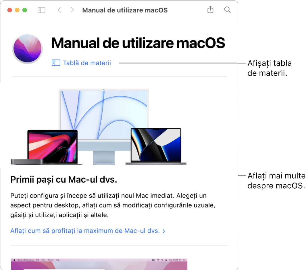 Pagina de bun venit a Manualului de utilizare macOS afișând linkul Tablă de materii.