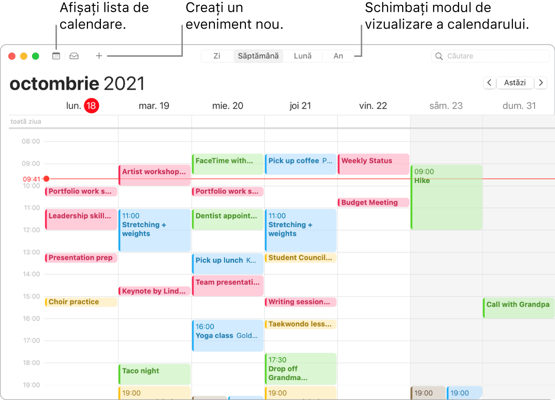 O fereastră Calendar care afișează cum să creați un eveniment, să afișați lista calendarelor și să alegeți vizualizarea Zi, Săptămână, Lună sau An.