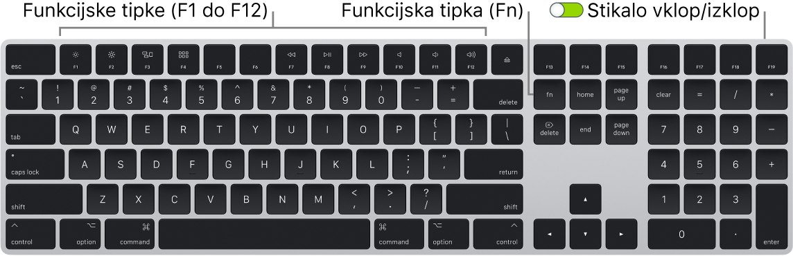 Tipkovnica Magic Keyboard s prikazom funkcijske (Fn) tipke v spodnjem levem kotu in stikala za vklop/izklop v zgornjem desnem kotu tipkovnice.