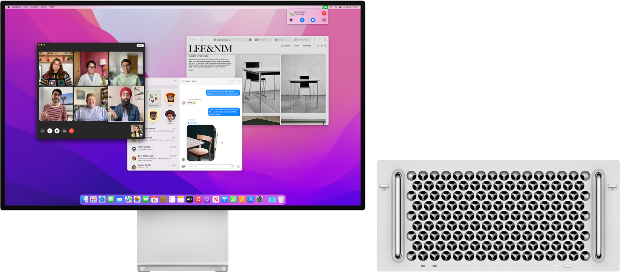 Mac Pro ที่เชื่อมต่ออยู่กับ Pro Display XDR โดยมีเดสก์ท็อปที่แสดงศูนย์ควบคุมและแอปที่เปิดอยู่หลากหลายแอป