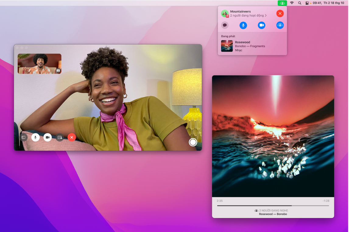 Trải nghiệm nghe được chia sẻ với những người nghe khác trong cửa sổ FaceTime và cửa sổ ứng dụng Nhạc đang phát một bài hát.