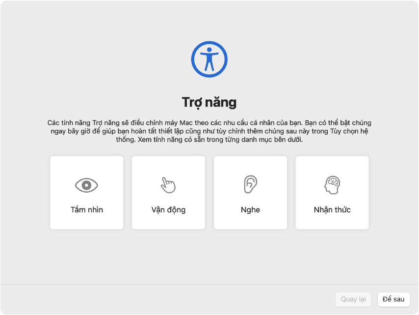 Một màn hình máy Mac với Trợ lý thiết lập đang hiển thị màn hình Chào mừng.