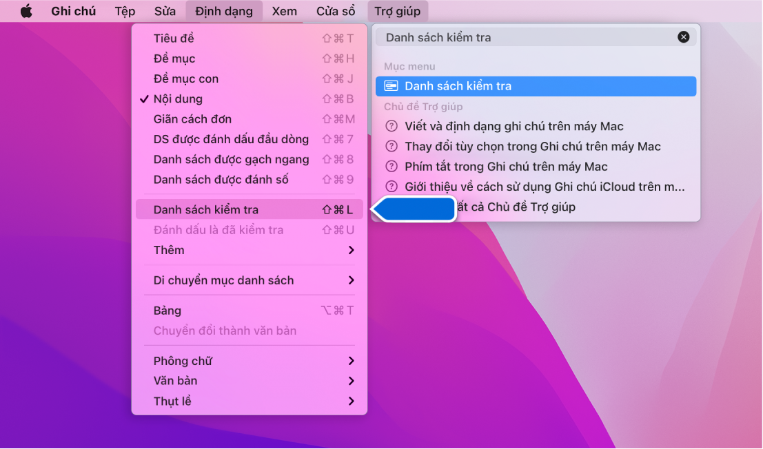 Menu Trợ giúp đang hiển thị một tìm kiếm cho “danh sách kiểm tra” với Danh sách kiểm tra được tô sáng trong menu Định dạng.